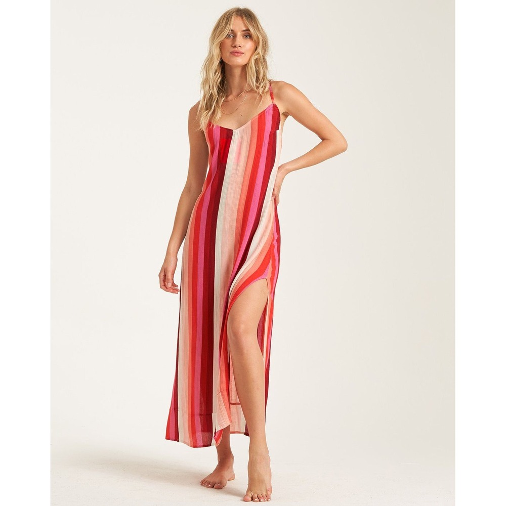 Billabong Wanna Be Around Stripe Maxi Dress Red Pink Orange Small NWT